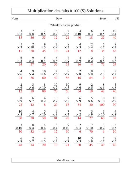 Multiplication des faits à 100 (81 Questions) (Pas de zéros ni de uns) (S) page 2