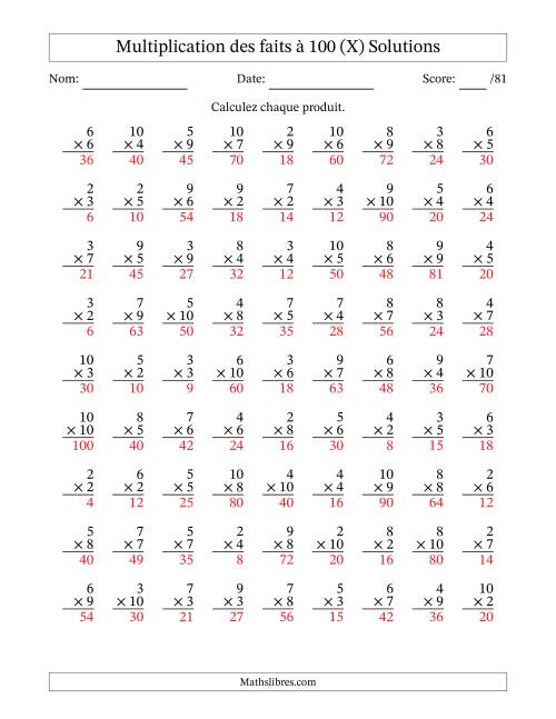 Multiplication des faits à 100 (81 Questions) (Pas de zéros ni de uns) (X) page 2