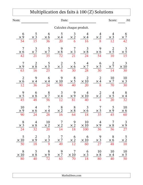 Multiplication des faits à 100 (81 Questions) (Pas de zéros ni de uns) (Z) page 2