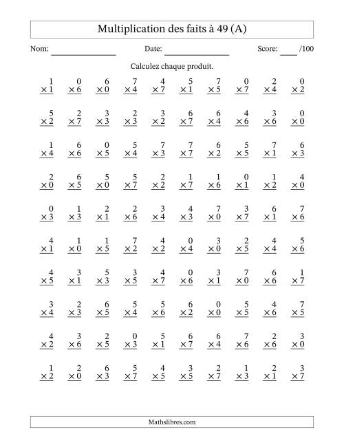 Multiplication des faits à 49 (100 Questions) (Avec Zeros) (A)