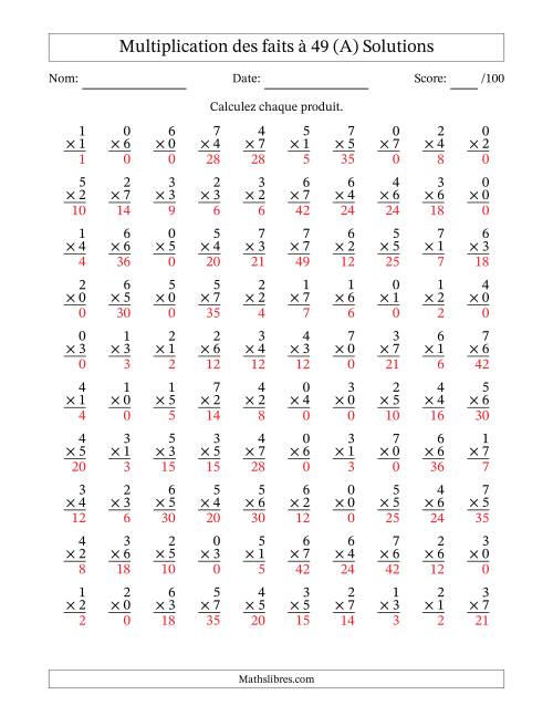 Multiplication des faits à 49 (100 Questions) (Avec Zeros) (A) page 2