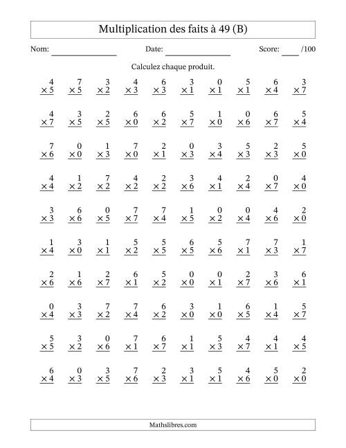 Multiplication des faits à 49 (100 Questions) (Avec Zeros) (B)