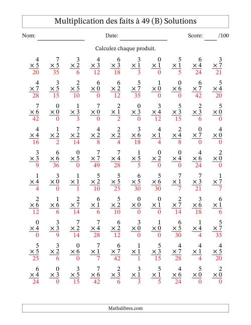 Multiplication des faits à 49 (100 Questions) (Avec Zeros) (B) page 2