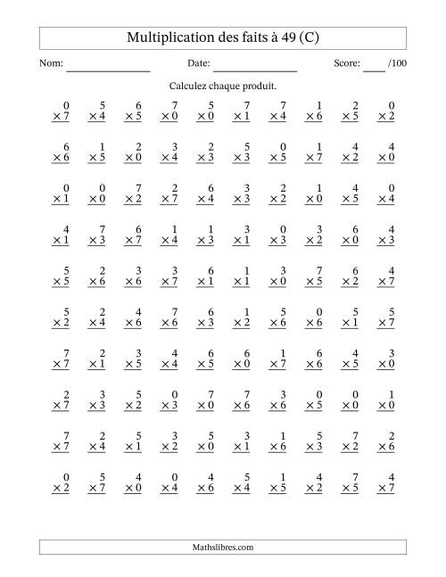 Multiplication des faits à 49 (100 Questions) (Avec Zeros) (C)