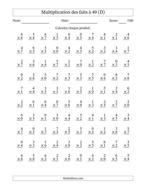 Multiplication des faits à 49 (100 Questions) (Avec Zeros) (D)
