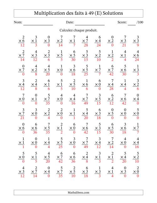 Multiplication des faits à 49 (100 Questions) (Avec Zeros) (E) page 2