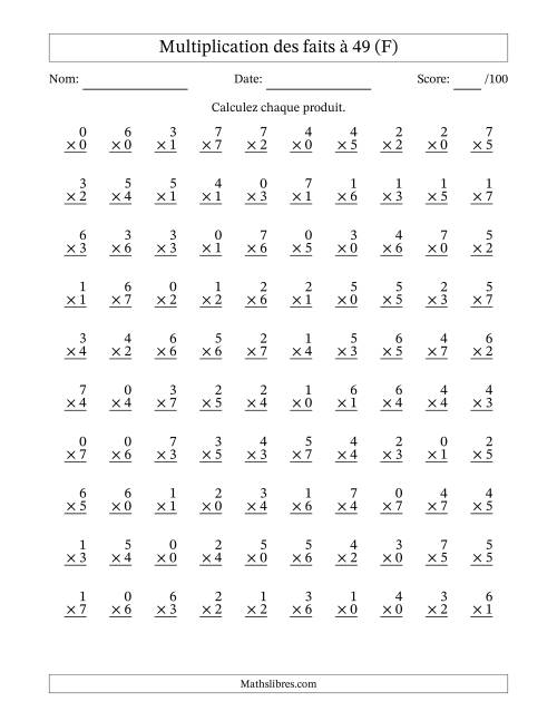 Multiplication des faits à 49 (100 Questions) (Avec Zeros) (F)