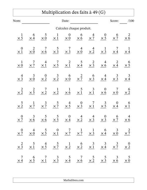 Multiplication des faits à 49 (100 Questions) (Avec Zeros) (G)