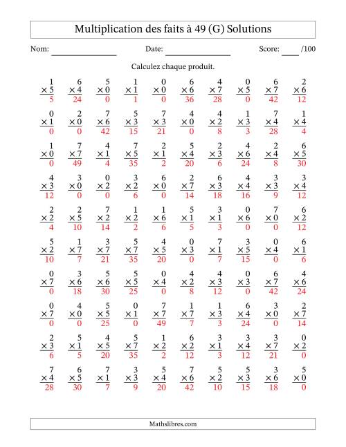 Multiplication des faits à 49 (100 Questions) (Avec Zeros) (G) page 2