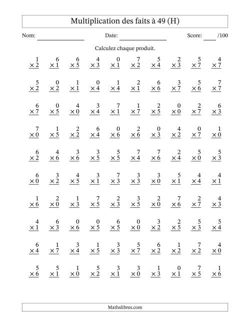 Multiplication des faits à 49 (100 Questions) (Avec Zeros) (H)