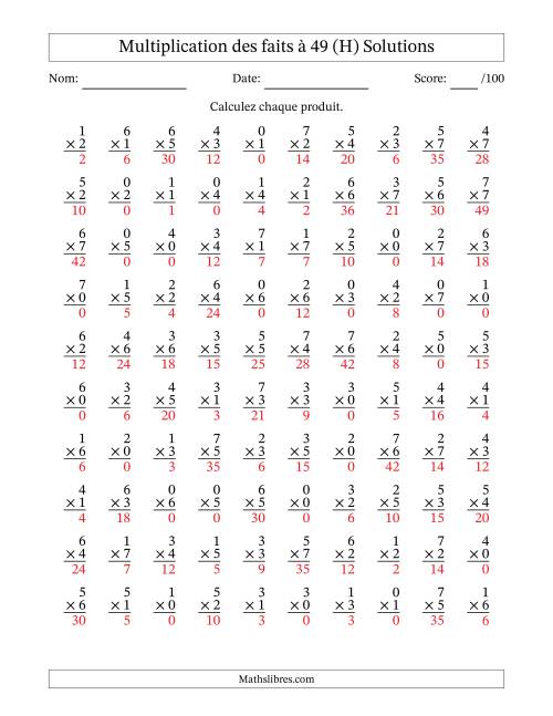Multiplication des faits à 49 (100 Questions) (Avec Zeros) (H) page 2