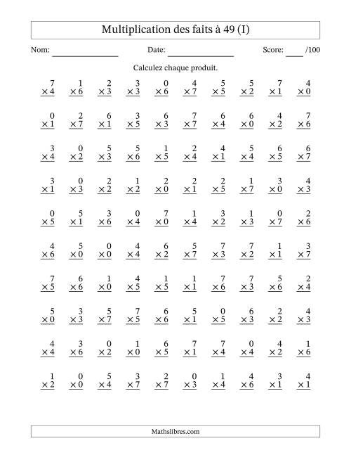 Multiplication des faits à 49 (100 Questions) (Avec Zeros) (I)