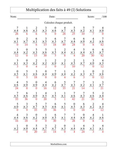 Multiplication des faits à 49 (100 Questions) (Avec Zeros) (I) page 2