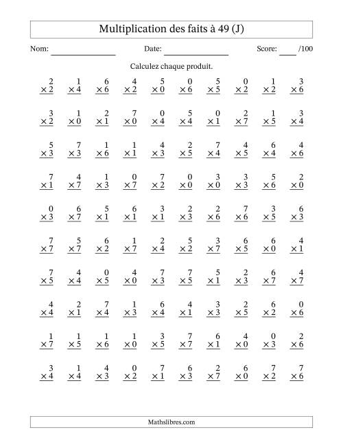 Multiplication des faits à 49 (100 Questions) (Avec Zeros) (J)