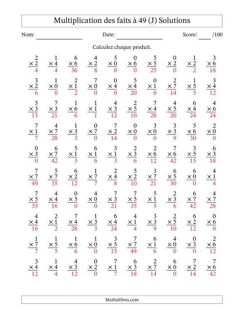 Multiplication des faits à 49 (100 Questions) (Avec Zeros) (J) page 2
