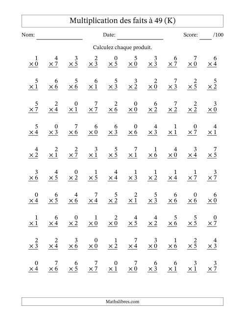 Multiplication des faits à 49 (100 Questions) (Avec Zeros) (K)