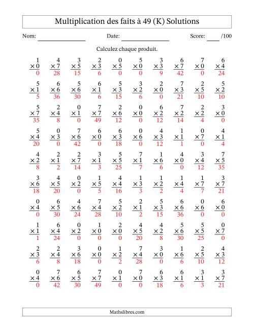 Multiplication des faits à 49 (100 Questions) (Avec Zeros) (K) page 2
