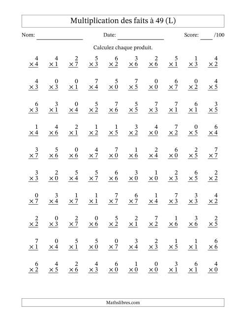 Multiplication des faits à 49 (100 Questions) (Avec Zeros) (L)