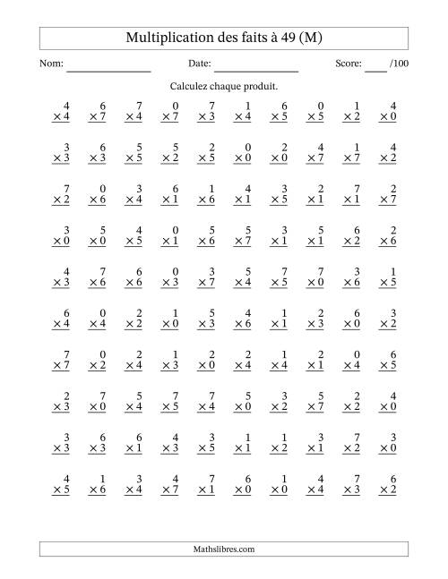 Multiplication des faits à 49 (100 Questions) (Avec Zeros) (M)