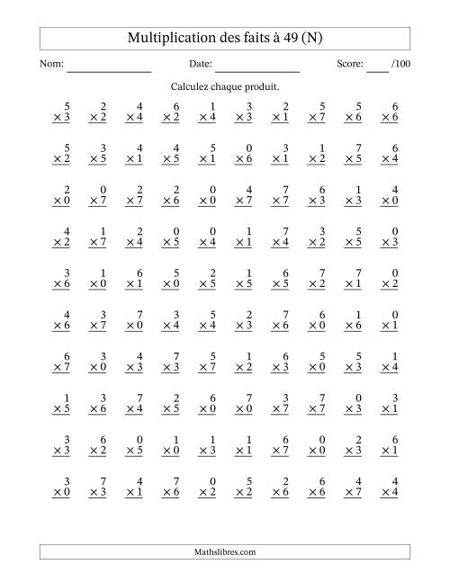 Multiplication des faits à 49 (100 Questions) (Avec Zeros) (N)