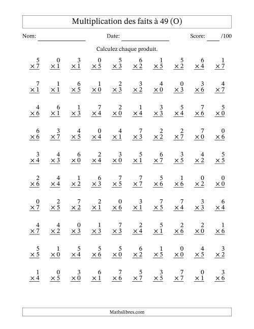 Multiplication des faits à 49 (100 Questions) (Avec Zeros) (O)