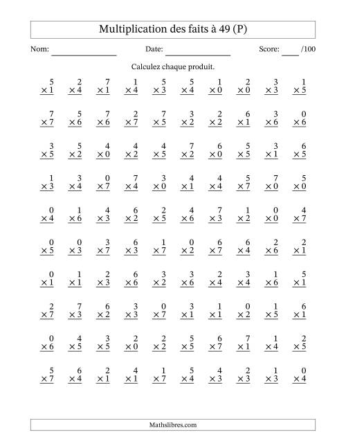 Multiplication des faits à 49 (100 Questions) (Avec Zeros) (P)