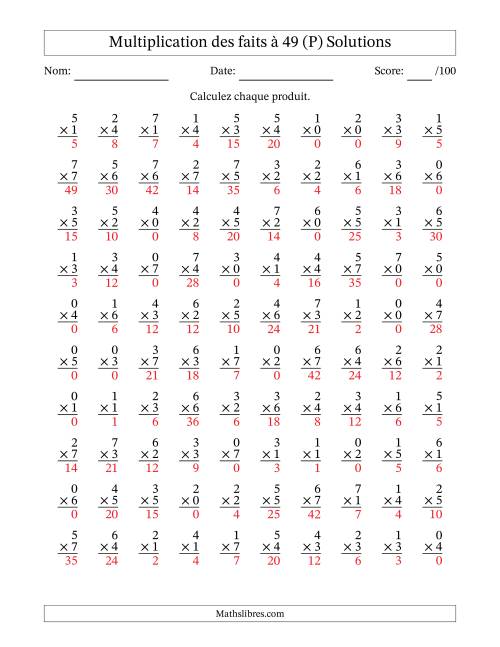 Multiplication des faits à 49 (100 Questions) (Avec Zeros) (P) page 2