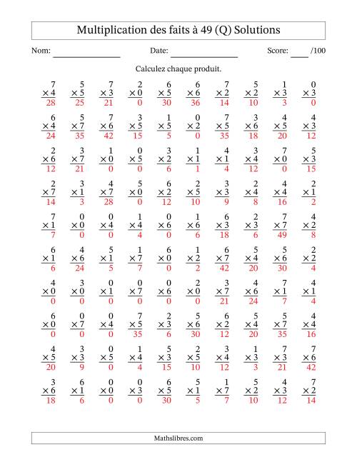 Multiplication des faits à 49 (100 Questions) (Avec Zeros) (Q) page 2