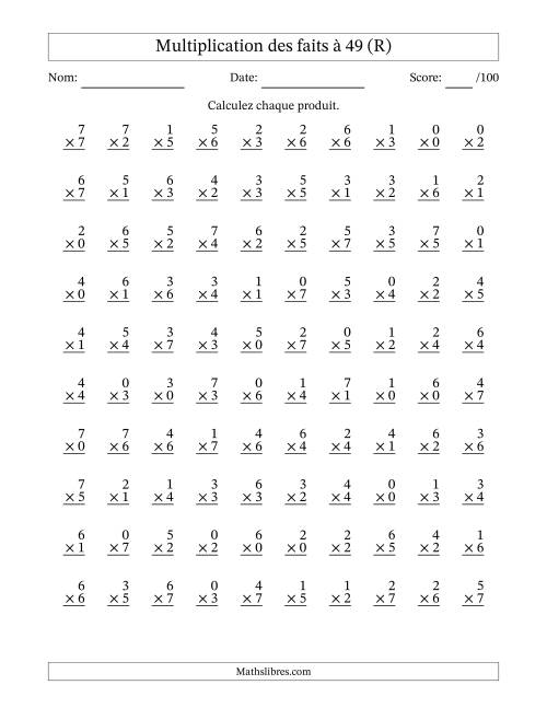 Multiplication des faits à 49 (100 Questions) (Avec Zeros) (R)