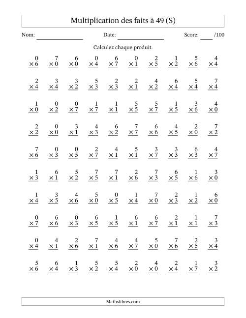 Multiplication des faits à 49 (100 Questions) (Avec Zeros) (S)