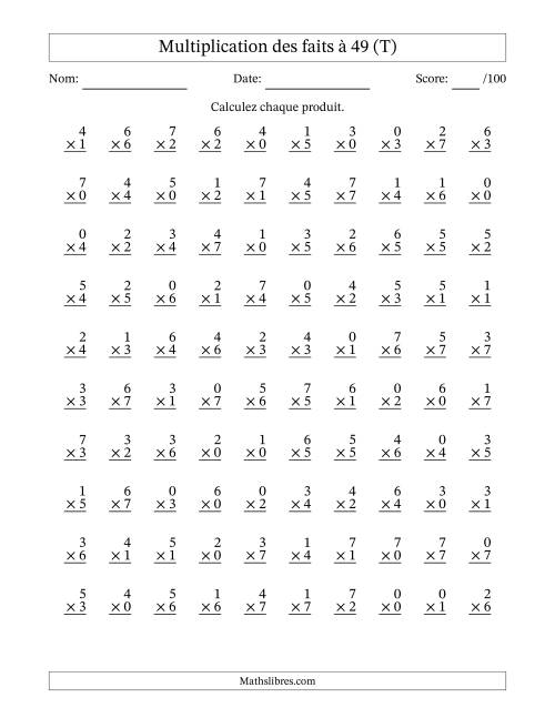 Multiplication des faits à 49 (100 Questions) (Avec Zeros) (T)