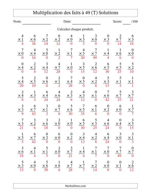 Multiplication des faits à 49 (100 Questions) (Avec Zeros) (T) page 2