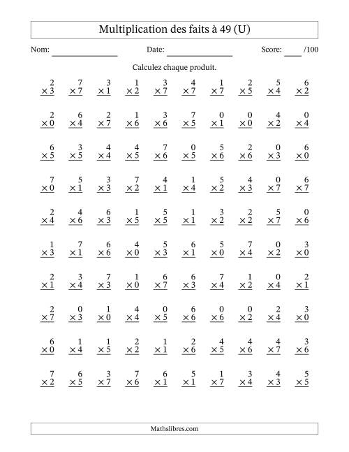 Multiplication des faits à 49 (100 Questions) (Avec Zeros) (U)