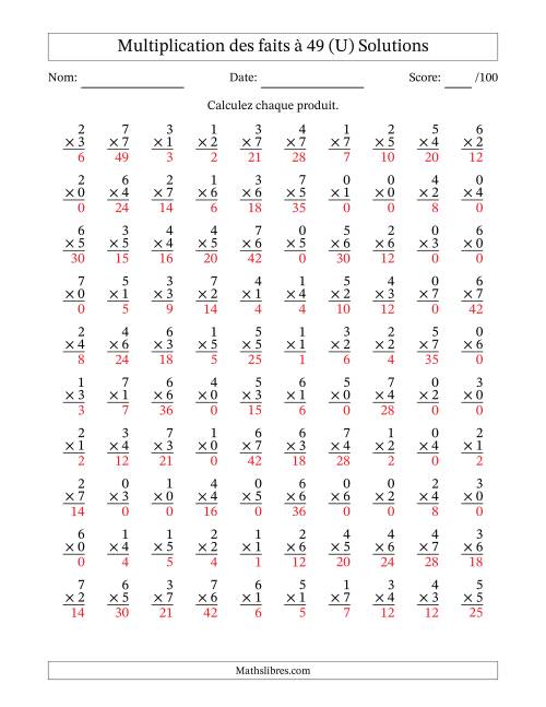 Multiplication des faits à 49 (100 Questions) (Avec Zeros) (U) page 2