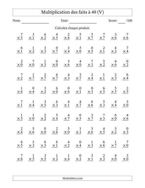 Multiplication des faits à 49 (100 Questions) (Avec Zeros) (V)