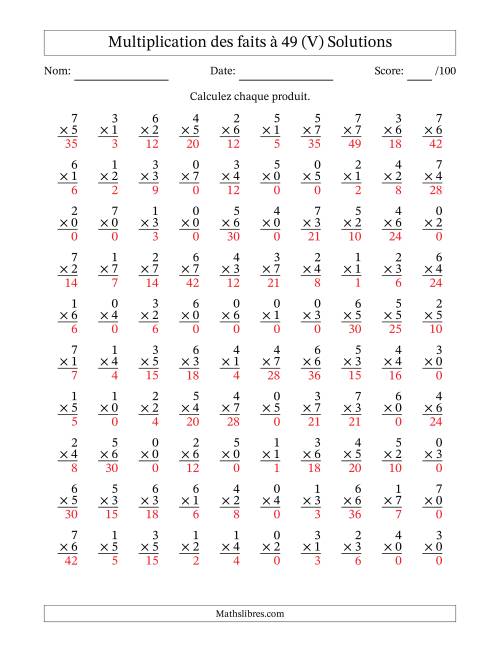 Multiplication des faits à 49 (100 Questions) (Avec Zeros) (V) page 2