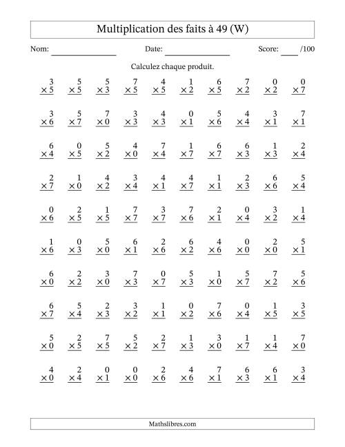 Multiplication des faits à 49 (100 Questions) (Avec Zeros) (W)