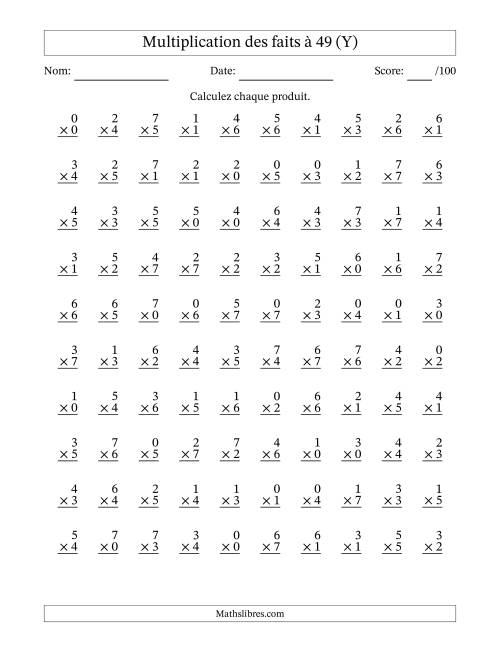 Multiplication des faits à 49 (100 Questions) (Avec Zeros) (Y)