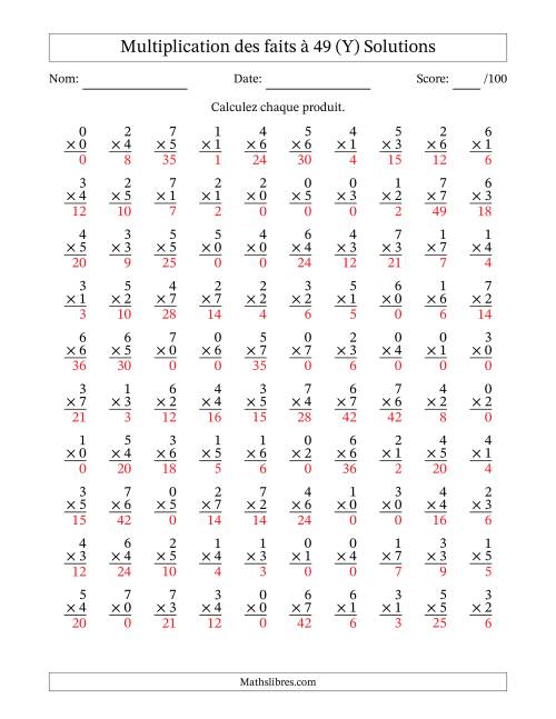 Multiplication des faits à 49 (100 Questions) (Avec Zeros) (Y) page 2