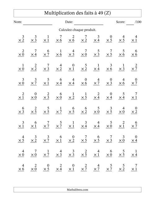 Multiplication des faits à 49 (100 Questions) (Avec Zeros) (Z)