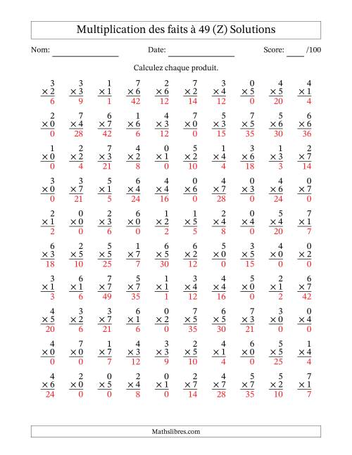 Multiplication des faits à 49 (100 Questions) (Avec Zeros) (Z) page 2