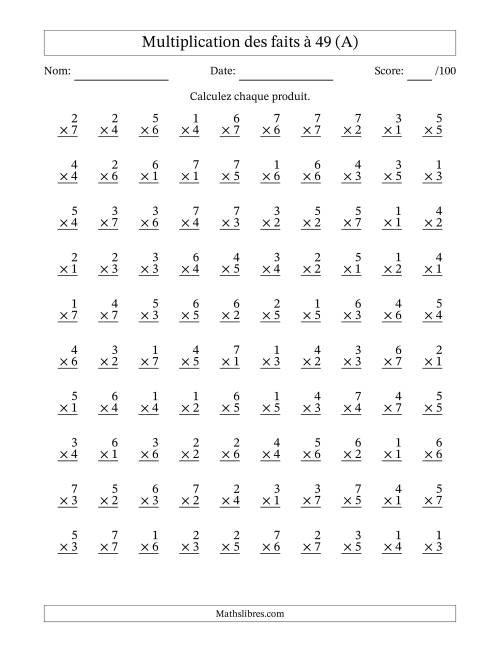 Multiplication des faits à 49 (100 Questions) (Pas de Zeros) (A)