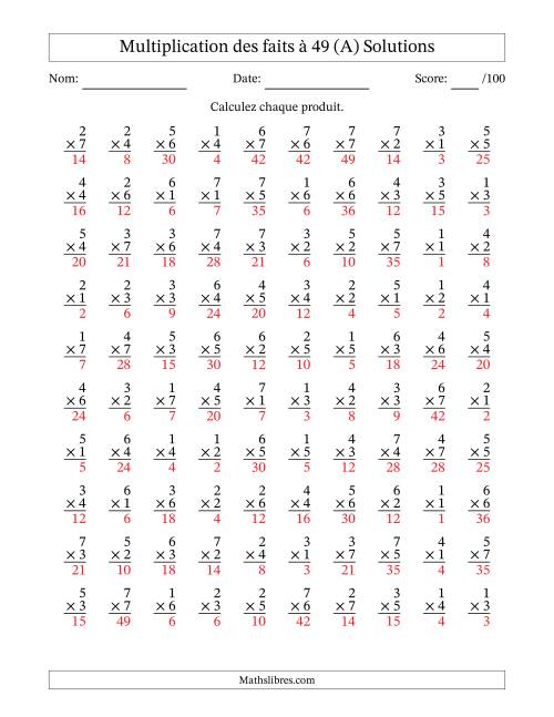 Multiplication des faits à 49 (100 Questions) (Pas de Zeros) (A) page 2