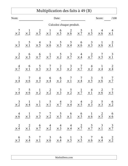 Multiplication des faits à 49 (100 Questions) (Pas de Zeros) (B)