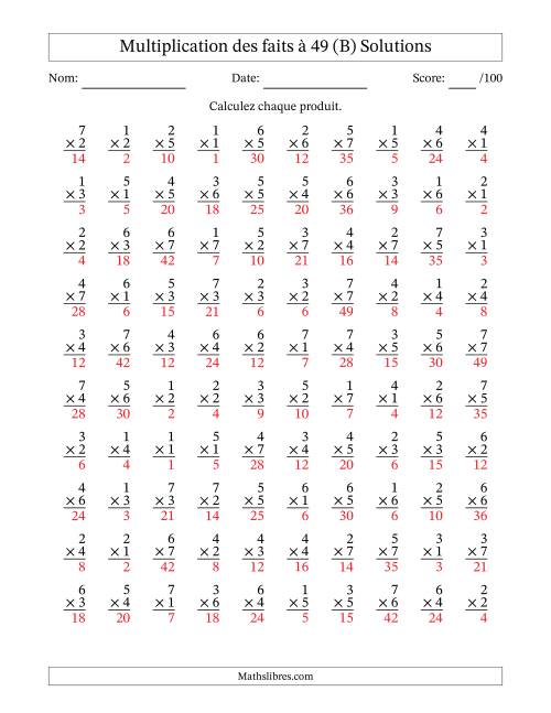Multiplication des faits à 49 (100 Questions) (Pas de Zeros) (B) page 2