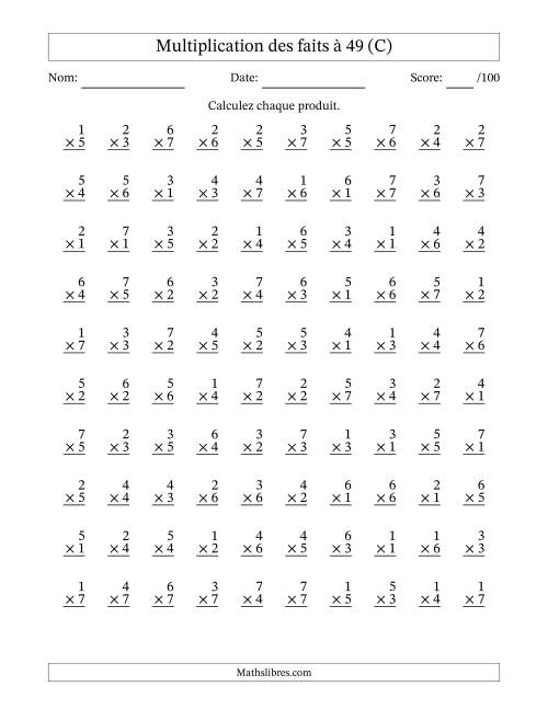 Multiplication des faits à 49 (100 Questions) (Pas de Zeros) (C)