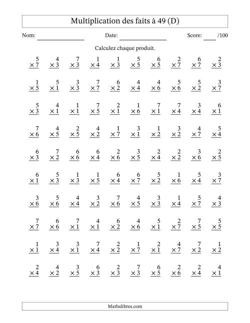 Multiplication des faits à 49 (100 Questions) (Pas de Zeros) (D)