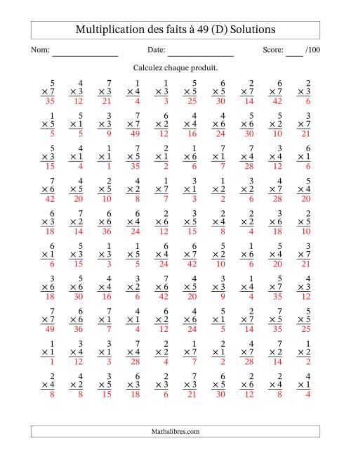 Multiplication des faits à 49 (100 Questions) (Pas de Zeros) (D) page 2