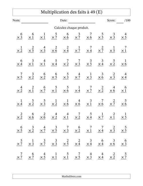 Multiplication des faits à 49 (100 Questions) (Pas de Zeros) (E)