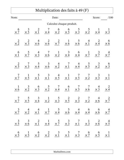 Multiplication des faits à 49 (100 Questions) (Pas de Zeros) (F)